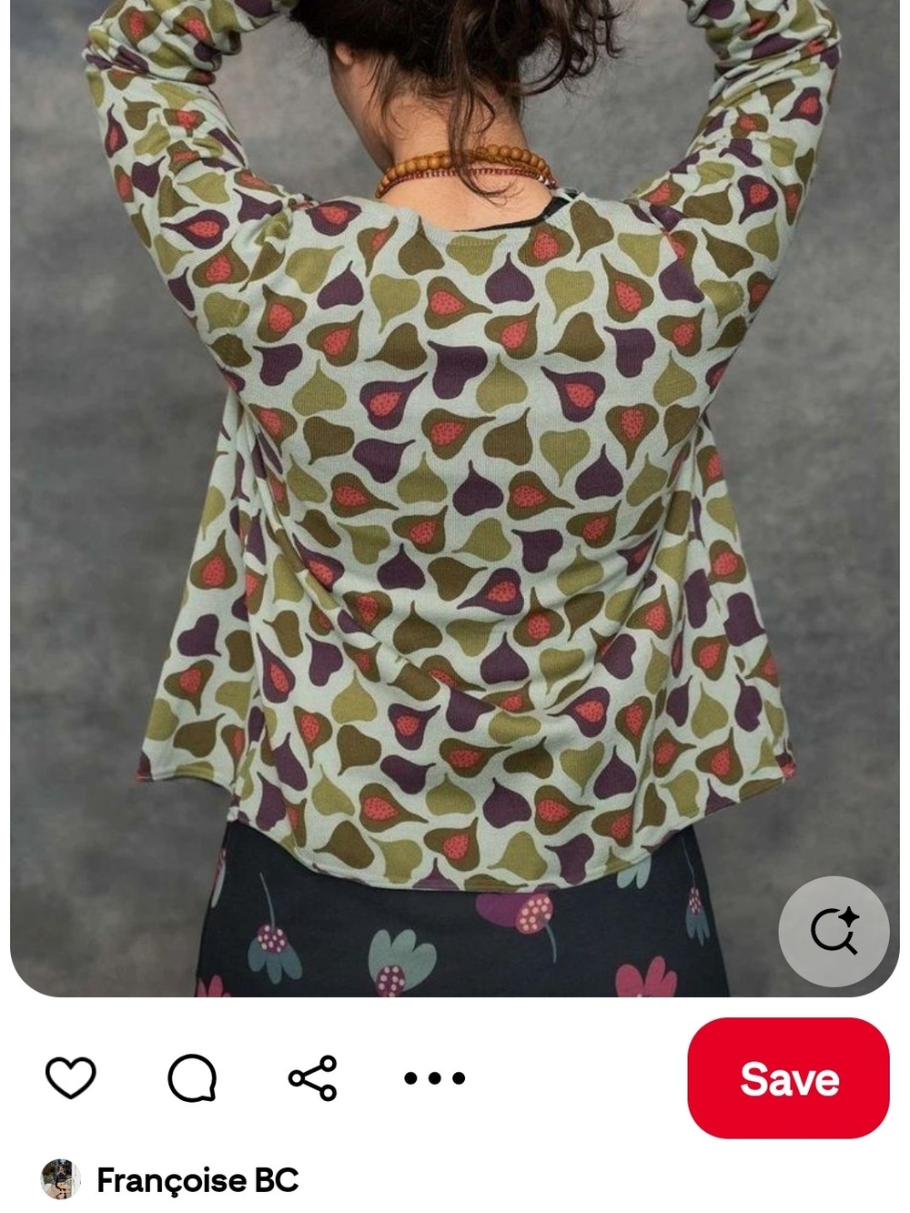 Gudrun Sjoden Olive Green Patterned Long Sleeve Top with Purple and Red Accents